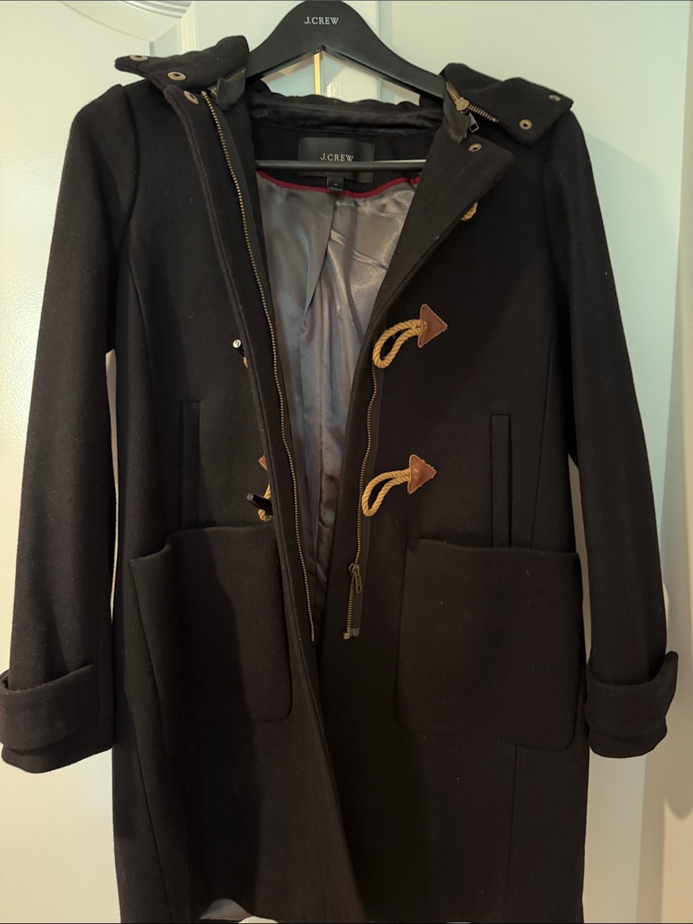 J. Crew Men’s Black Wool Hooded Toggle Pea Coat
